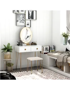 HOMCOM Dressing Table Set with LED Light, Round Mirror, Vanity Makeup Table with 2 Drawers and Cushioned Stool for Bedroom, Whit 2