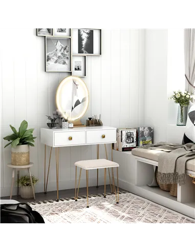 HOMCOM Dressing Table Set with LED Light, Round Mirror, Vanity Makeup Table with 2 Drawers and Cushioned Stool for Bedroom, Whit