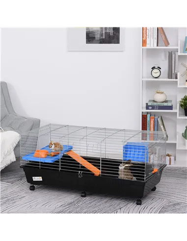 PawHut Steel Medium 2-Tier Small Guinea Pigs Hutches w/ Accessories Blue/Orange