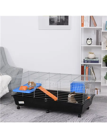 PawHut Steel Medium 2-Tier Small Guinea Pigs Hutches w/ Accessories Blue/Orange