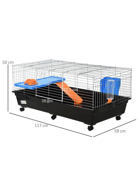 PawHut Steel Medium 2-Tier Small Guinea Pigs Hutches w/ Accessories Blue/Orange