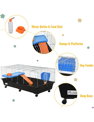 PawHut Steel Medium 2-Tier Small Guinea Pigs Hutches w/ Accessories Blue/Orange