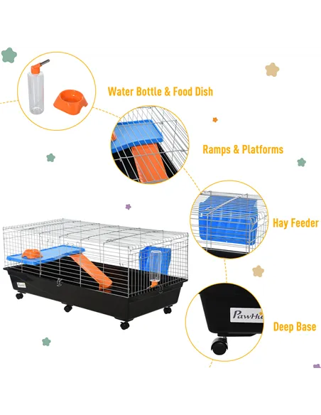 PawHut Steel Medium 2-Tier Small Guinea Pigs Hutches w/ Accessories Blue/Orange