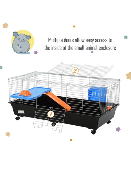 PawHut Steel Medium 2-Tier Small Guinea Pigs Hutches w/ Accessories Blue/Orange