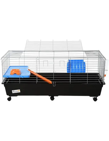 PawHut Steel Medium 2-Tier Small Guinea Pigs Hutches w/ Accessories Blue/Orange