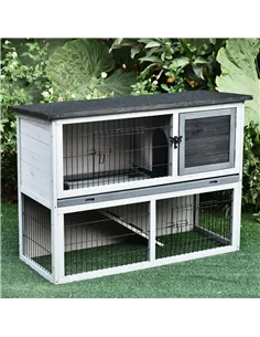 PawHut Small Animal Two-Level Fir Wood Guinea Pigs Hutches Bunny Cage w/ Slide Out Tray Grey 2