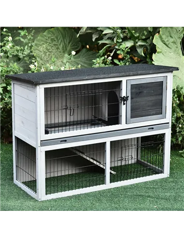 PawHut Small Animal Two-Level Fir Wood Guinea Pigs Hutches Bunny Cage w/ Slide Out Tray Grey