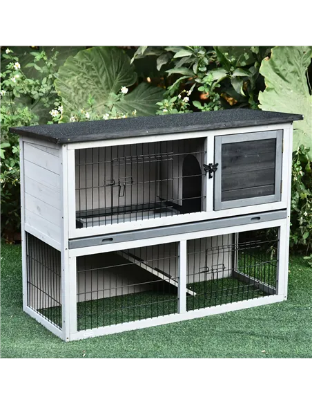 PawHut Small Animal Two-Level Fir Wood Guinea Pigs Hutches Bunny Cage w/ Slide Out Tray Grey