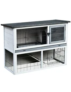 PawHut Small Animal Two-Level Fir Wood Guinea Pigs Hutches Bunny Cage w/ Slide Out Tray Grey
