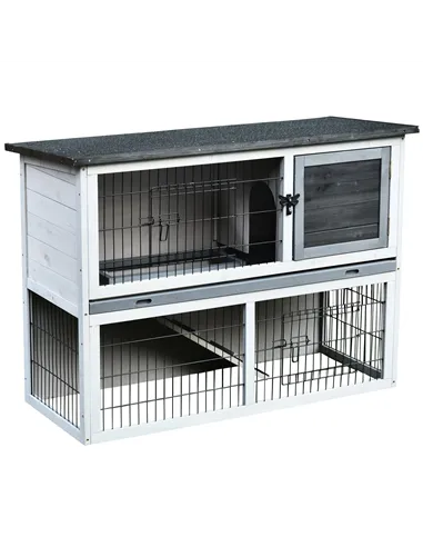 PawHut Small Animal Two-Level Fir Wood Guinea Pigs Hutches Bunny Cage w/ Slide Out Tray Grey