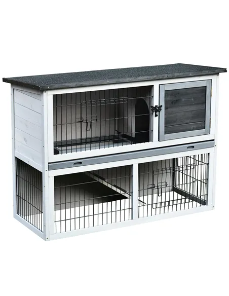 PawHut Small Animal Two-Level Fir Wood Guinea Pigs Hutches Bunny Cage w/ Slide Out Tray Grey