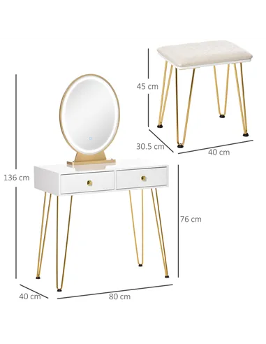 HOMCOM Dressing Table Set with LED Light, Round Mirror, Vanity Makeup Table with 2 Drawers and Cushioned Stool for Bedroom, Whit