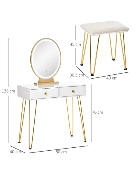 HOMCOM Dressing Table Set with LED Light, Round Mirror, Vanity Makeup Table with 2 Drawers and Cushioned Stool for Bedroom, Whit