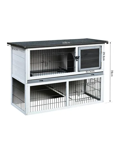 PawHut Small Animal Two-Level Fir Wood Guinea Pigs Hutches Bunny Cage w/ Slide Out Tray Grey
