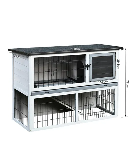 PawHut Small Animal Two-Level Fir Wood Guinea Pigs Hutches Bunny Cage w/ Slide Out Tray Grey