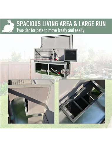 PawHut Small Animal Two-Level Fir Wood Guinea Pigs Hutches Bunny Cage w/ Slide Out Tray Grey