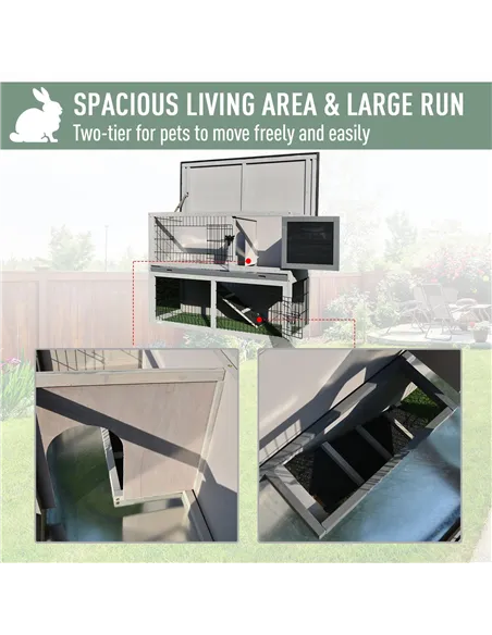 PawHut Small Animal Two-Level Fir Wood Guinea Pigs Hutches Bunny Cage w/ Slide Out Tray Grey