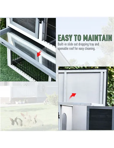 PawHut Small Animal Two-Level Fir Wood Guinea Pigs Hutches Bunny Cage w/ Slide Out Tray Grey