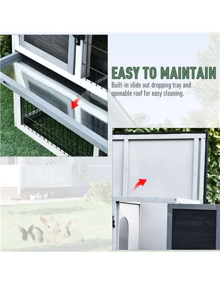 PawHut Small Animal Two-Level Fir Wood Guinea Pigs Hutches Bunny Cage w/ Slide Out Tray Grey