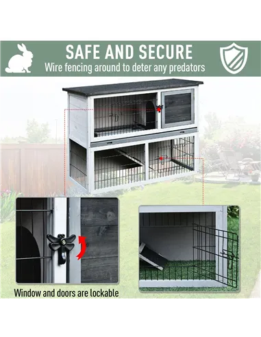 PawHut Small Animal Two-Level Fir Wood Guinea Pigs Hutches Bunny Cage w/ Slide Out Tray Grey