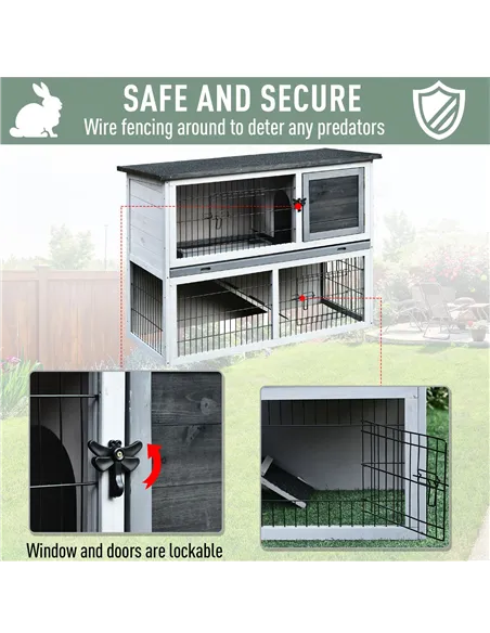 PawHut Small Animal Two-Level Fir Wood Guinea Pigs Hutches Bunny Cage w/ Slide Out Tray Grey