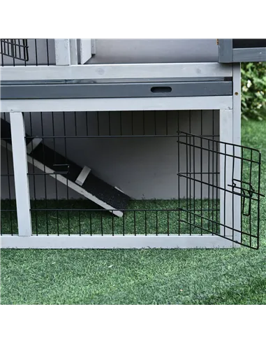 PawHut Small Animal Two-Level Fir Wood Guinea Pigs Hutches Bunny Cage w/ Slide Out Tray Grey