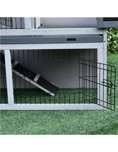 PawHut Small Animal Two-Level Fir Wood Guinea Pigs Hutches Bunny Cage w/ Slide Out Tray Grey