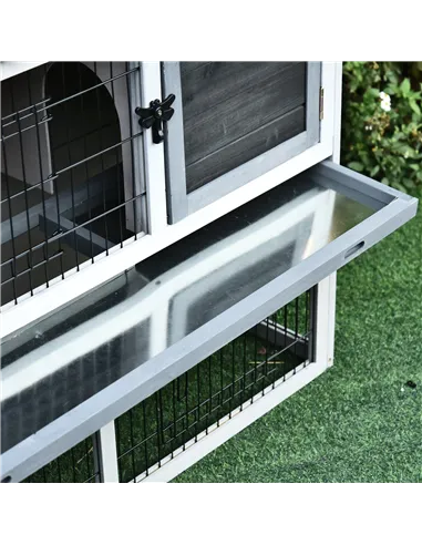 PawHut Small Animal Two-Level Fir Wood Guinea Pigs Hutches Bunny Cage w/ Slide Out Tray Grey