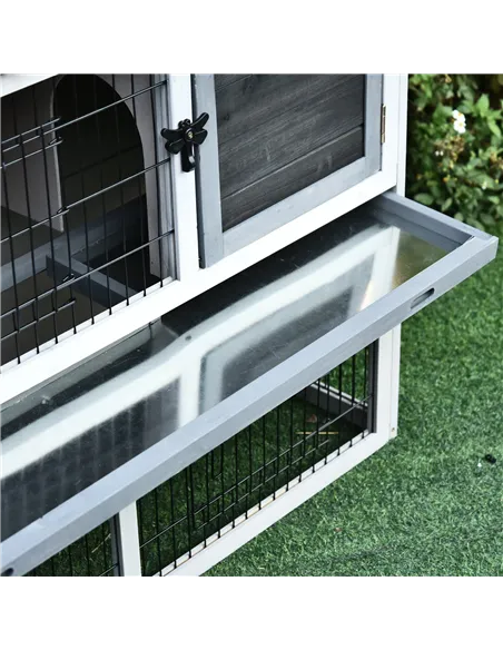 PawHut Small Animal Two-Level Fir Wood Guinea Pigs Hutches Bunny Cage w/ Slide Out Tray Grey
