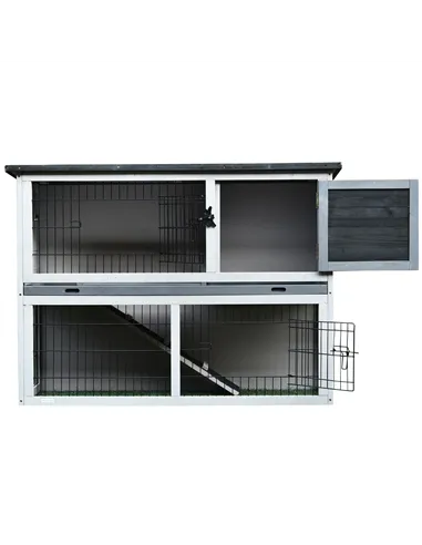 PawHut Small Animal Two-Level Fir Wood Guinea Pigs Hutches Bunny Cage w/ Slide Out Tray Grey