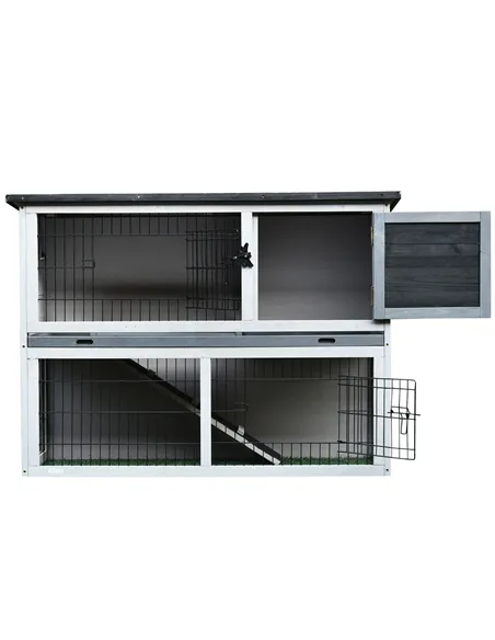 PawHut Small Animal Two-Level Fir Wood Guinea Pigs Hutches Bunny Cage w/ Slide Out Tray Grey