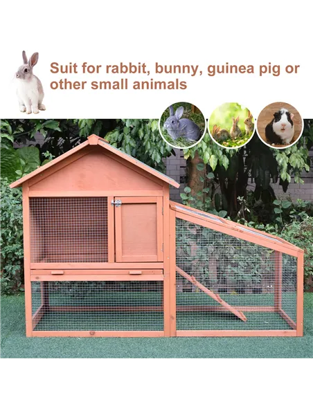 PawHut Small Animal Two-Level Fir Wood Guinea Pigs Hutches w/ Slide Out Tray Red/Brown