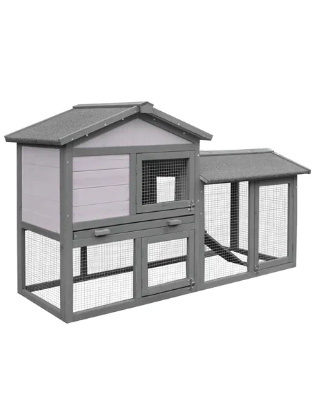 PawHut Small Animal Two-Level Fir Wood Guinea Pigs Hutches w/ Ramp Burnt Yellow