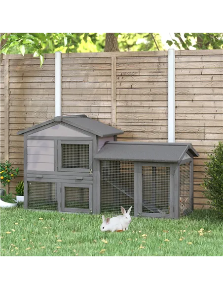 PawHut Small Animal Two-Level Fir Wood Guinea Pigs Hutches w/ Ramp Burnt Yellow