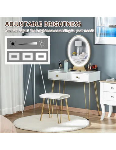 HOMCOM Dressing Table Set with LED Light, Round Mirror, Vanity Makeup Table with 2 Drawers and Cushioned Stool for Bedroom, Whit