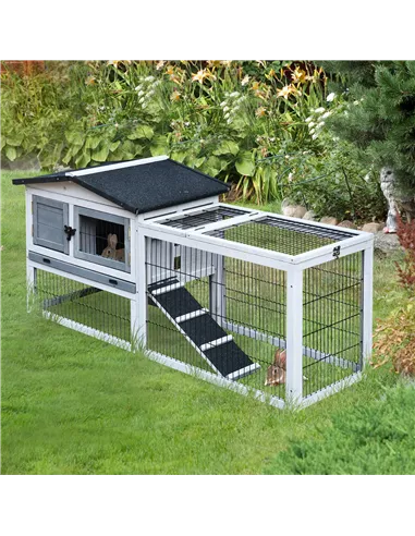 PawHut Small Animal Two-Level Fir Wood Guinea Pigs Hutches w/ Ramp Burnt Grey