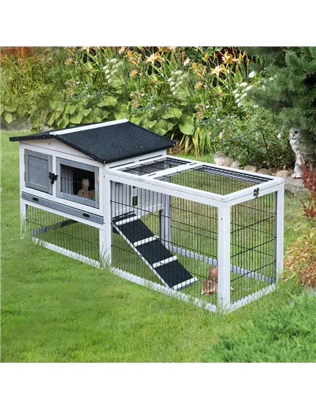 PawHut Small Animal Two-Level Fir Wood Guinea Pigs Hutches w/ Ramp Burnt Grey