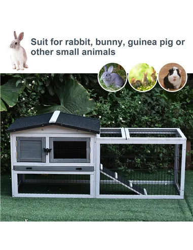 PawHut Small Animal Two-Level Fir Wood Guinea Pigs Hutches w/ Ramp Burnt Grey