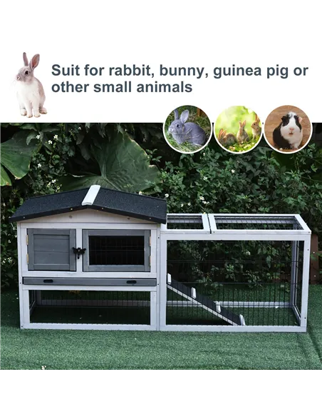 PawHut Small Animal Two-Level Fir Wood Guinea Pigs Hutches w/ Ramp Burnt Grey