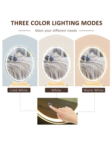 HOMCOM Dressing Table Set with LED Light, Round Mirror, Vanity Makeup Table with 2 Drawers and Cushioned Stool for Bedroom, Whit