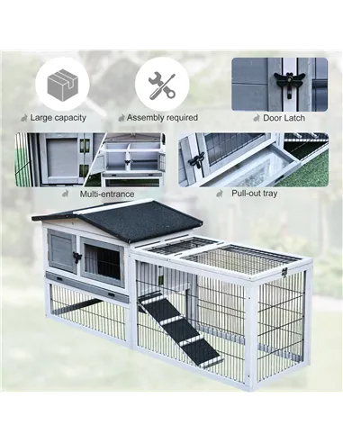 PawHut Small Animal Two-Level Fir Wood Guinea Pigs Hutches w/ Ramp Burnt Grey