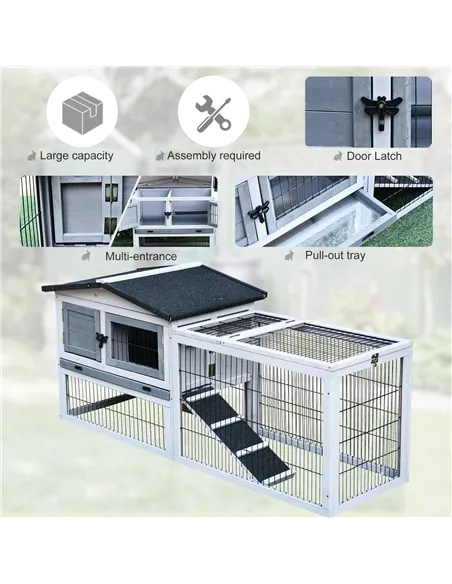 PawHut Small Animal Two-Level Fir Wood Guinea Pigs Hutches w/ Ramp Burnt Grey
