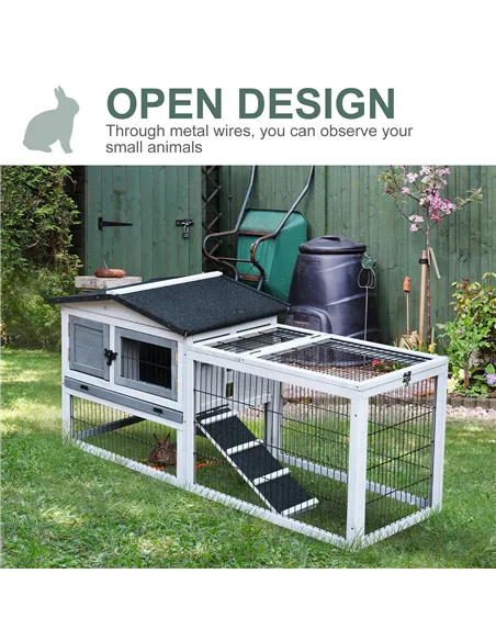 PawHut Small Animal Two-Level Fir Wood Guinea Pigs Hutches w/ Ramp Burnt Grey