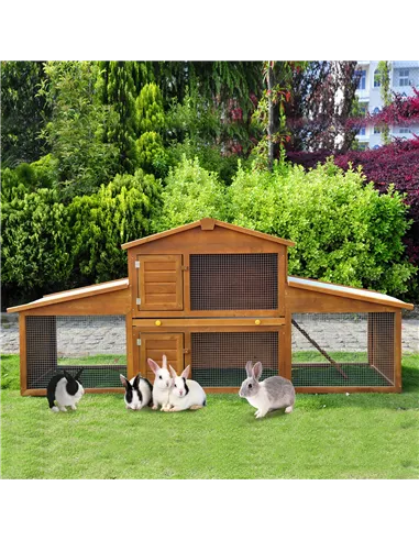 PawHut Small Animal Deluxe XXL Fir Wood 2-Tier Guinea Pigs Hutches Natural Wood Tone