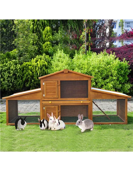 PawHut Small Animal Deluxe XXL Fir Wood 2-Tier Guinea Pigs Hutches Natural Wood Tone