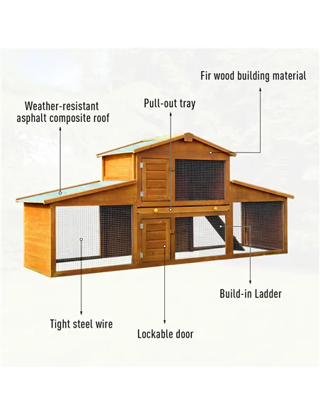 PawHut Small Animal Deluxe XXL Fir Wood 2-Tier Guinea Pigs Hutches Natural Wood Tone