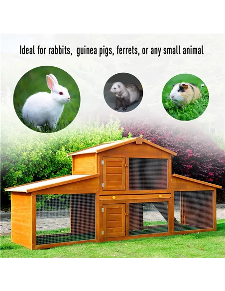 PawHut Small Animal Deluxe XXL Fir Wood 2-Tier Guinea Pigs Hutches Natural Wood Tone