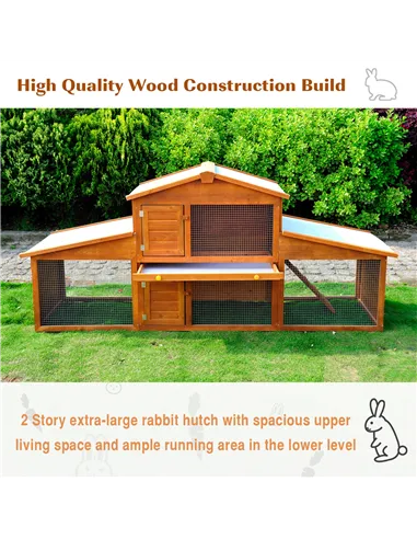 PawHut Small Animal Deluxe XXL Fir Wood 2-Tier Guinea Pigs Hutches Natural Wood Tone