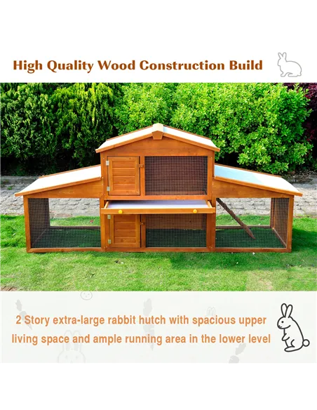 PawHut Small Animal Deluxe XXL Fir Wood 2-Tier Guinea Pigs Hutches Natural Wood Tone