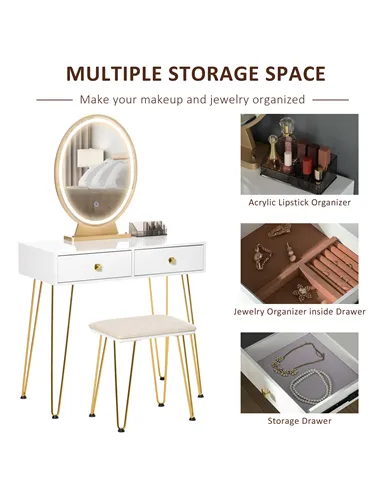 HOMCOM Dressing Table Set with LED Light, Round Mirror, Vanity Makeup Table with 2 Drawers and Cushioned Stool for Bedroom, Whit